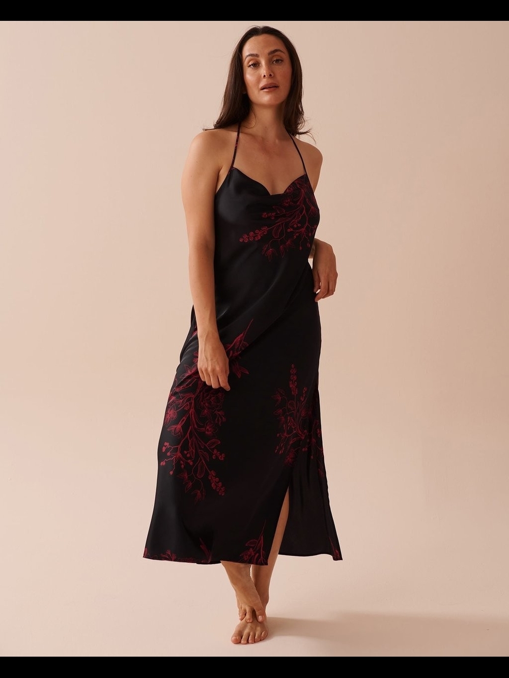 Dark Floral Print Long Satin Nightie